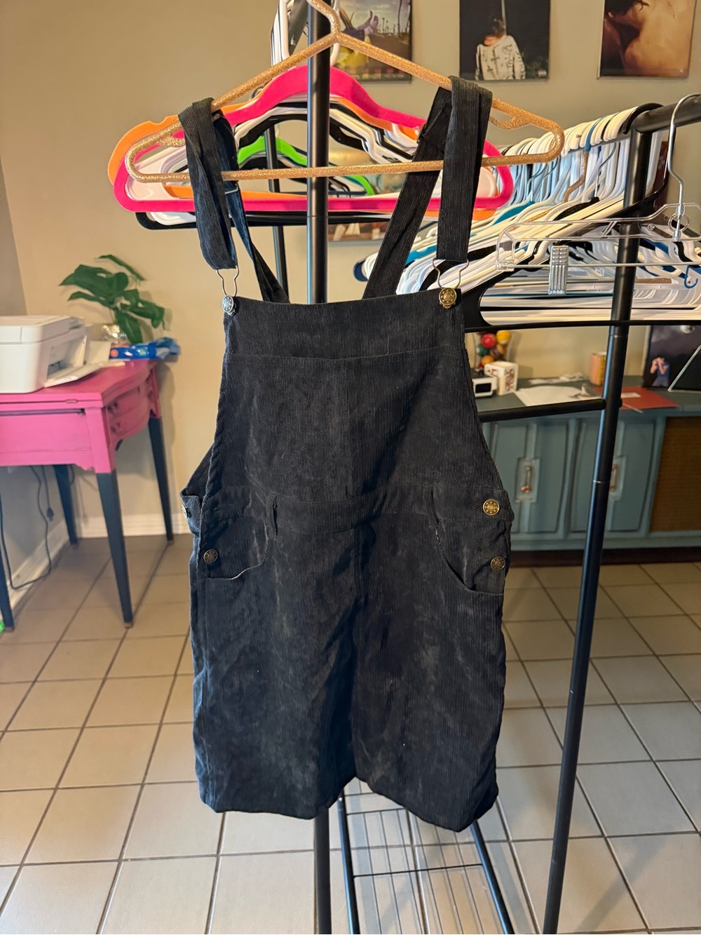Pink Lily Black Corduroy Overall Mini Dress